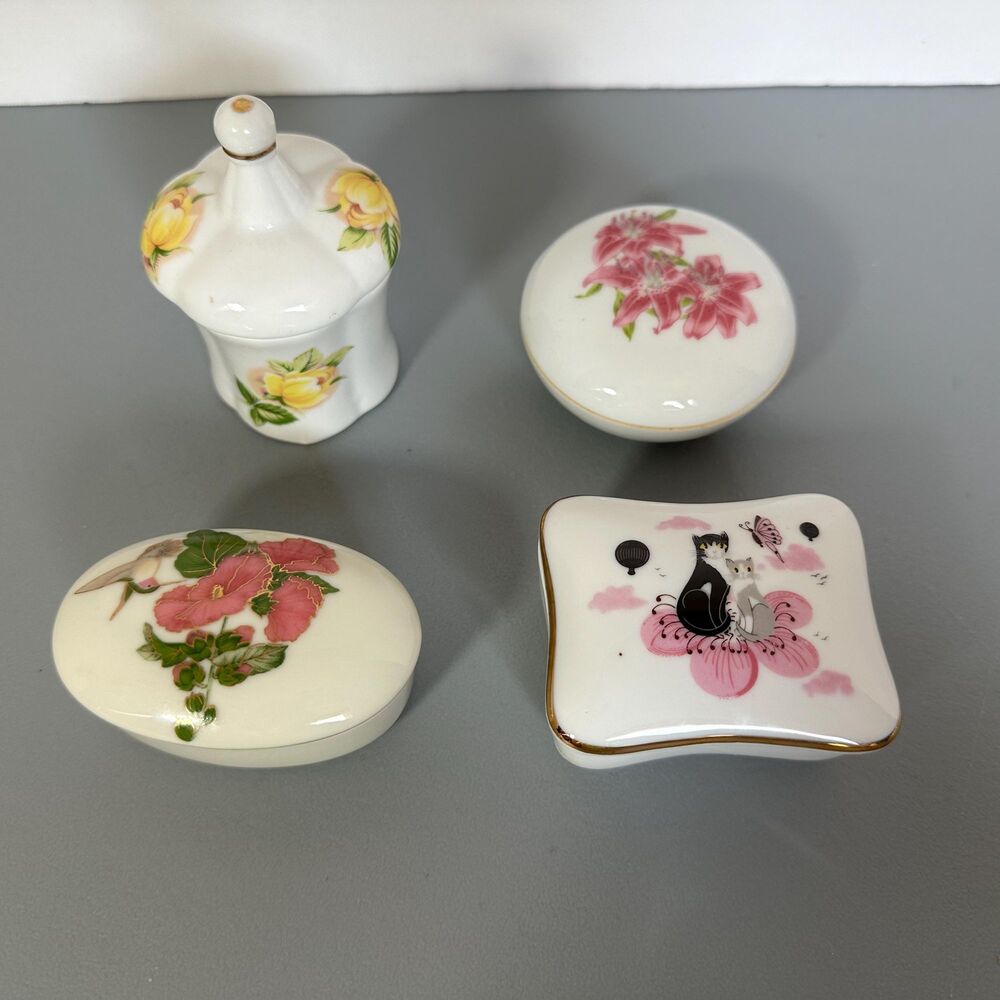Four Miniature Covered Porcelain Trinket Boxes - Cats, Hummingbirds, & Florals